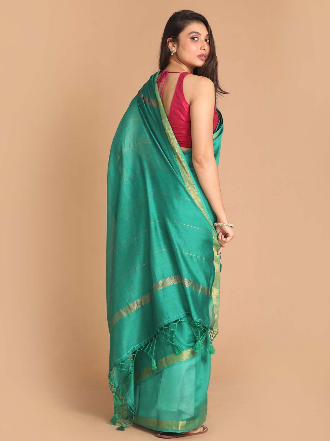 Indethnic Banarasi Green Solid Work Wear Saree - View 3