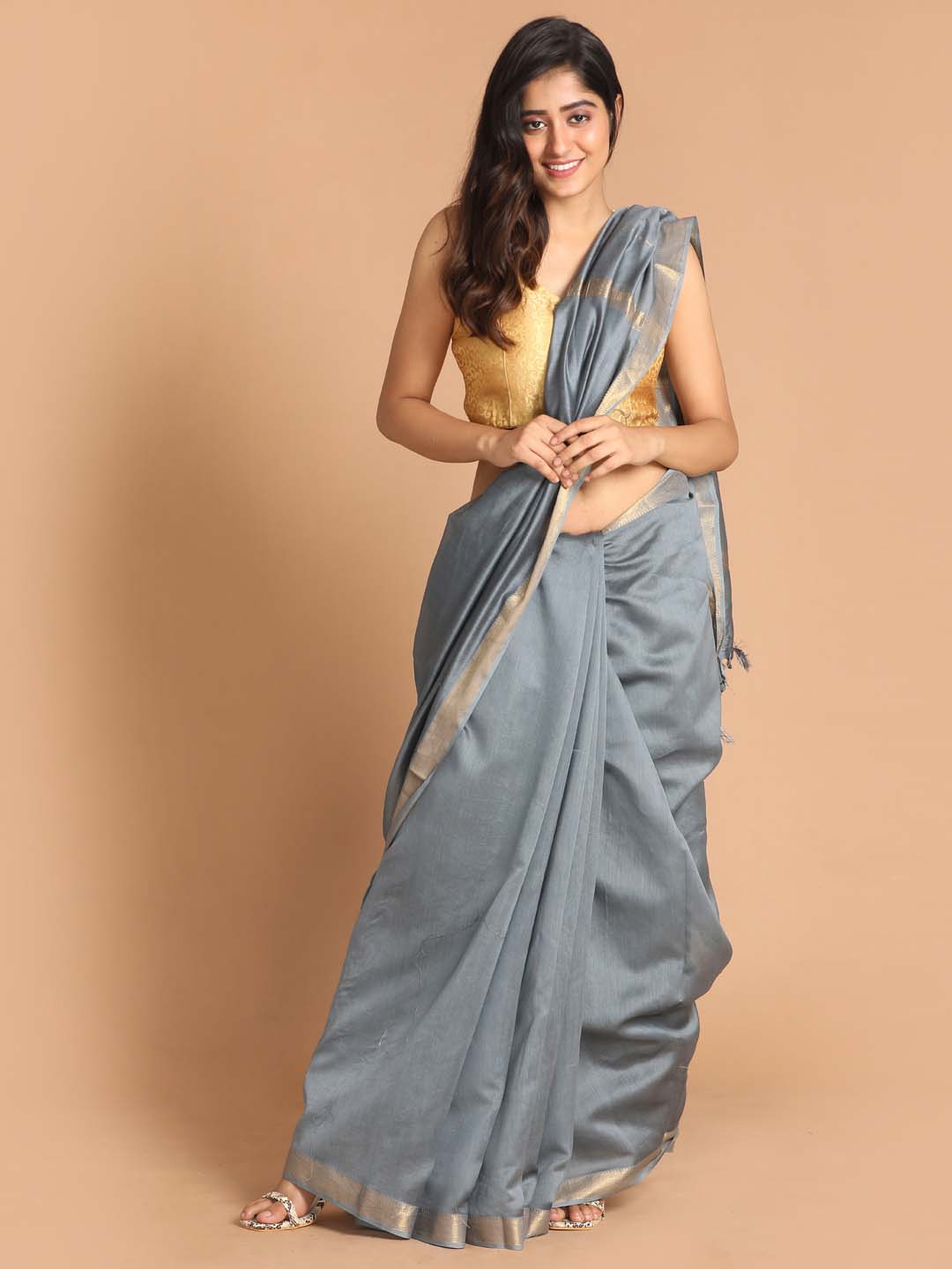 Indethnic Banarasi Grey Solid Work Wear Saree - View 1