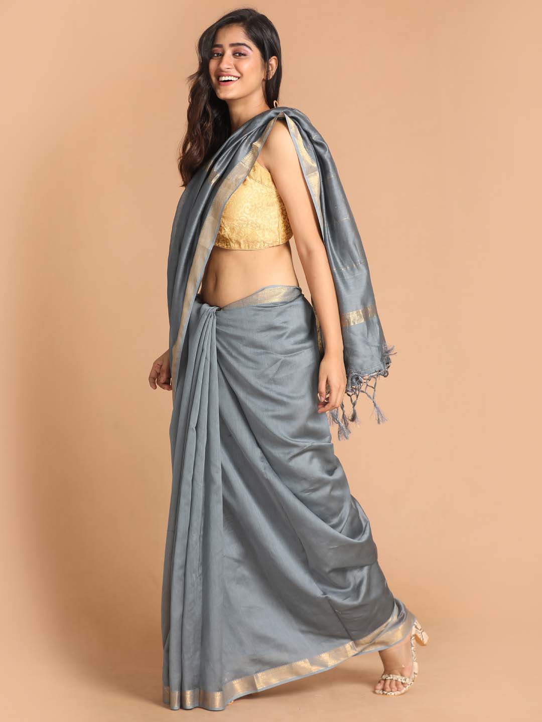 Indethnic Banarasi Grey Solid Work Wear Saree - View 1