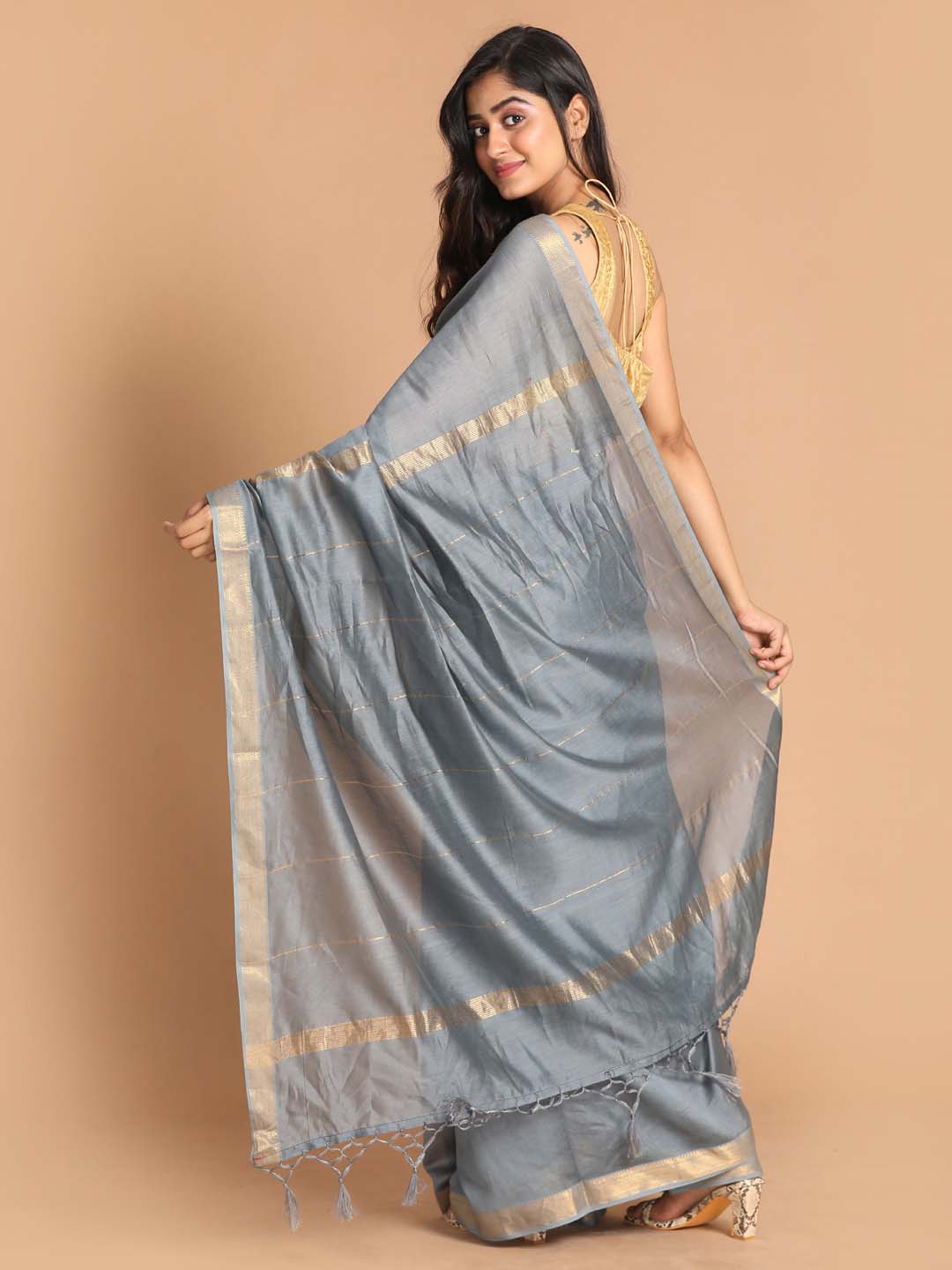 Indethnic Banarasi Grey Solid Work Wear Saree - View 3