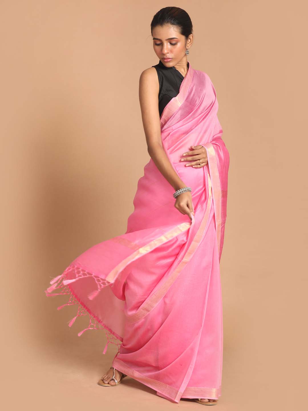 Indethnic Banarasi Pink Solid Work Wear Saree - View 1