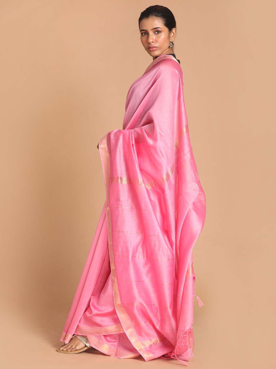 Indethnic Banarasi Pink Solid Work Wear Saree - View 2