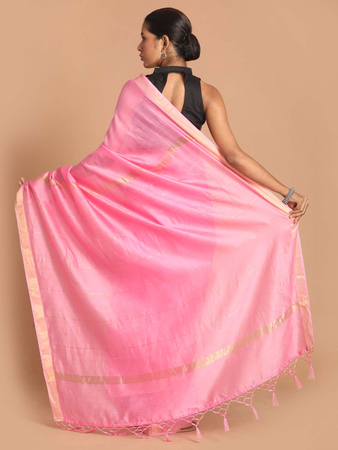 Indethnic Banarasi Pink Solid Work Wear Saree - View 3