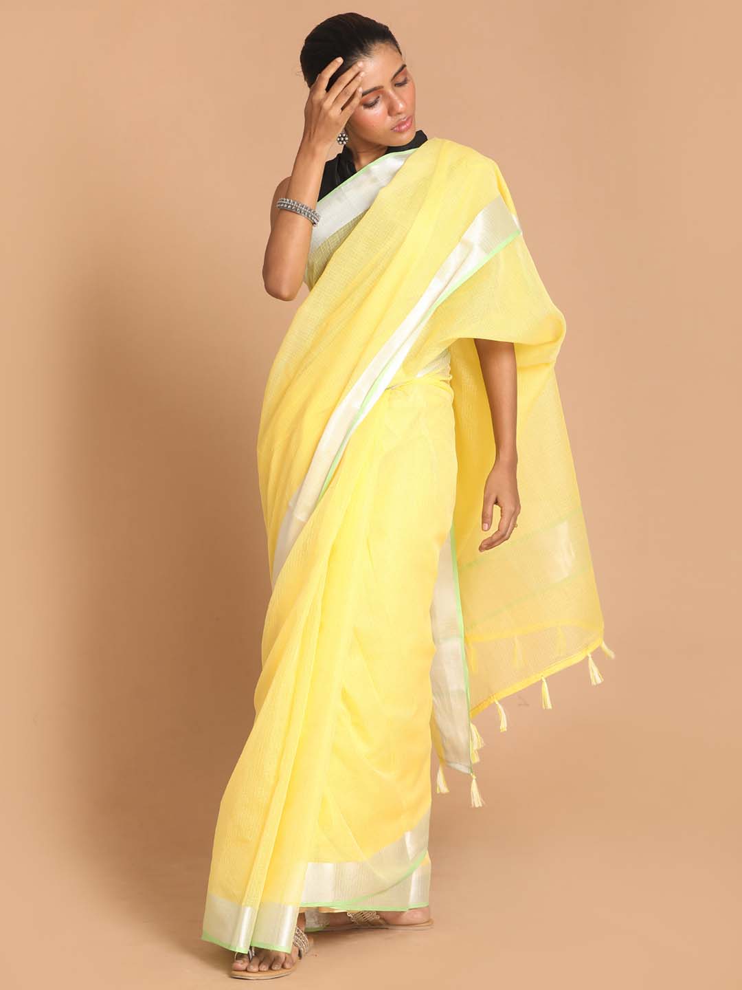 Indethnic Kota Yellow Solid Work Wear Saree - View 1