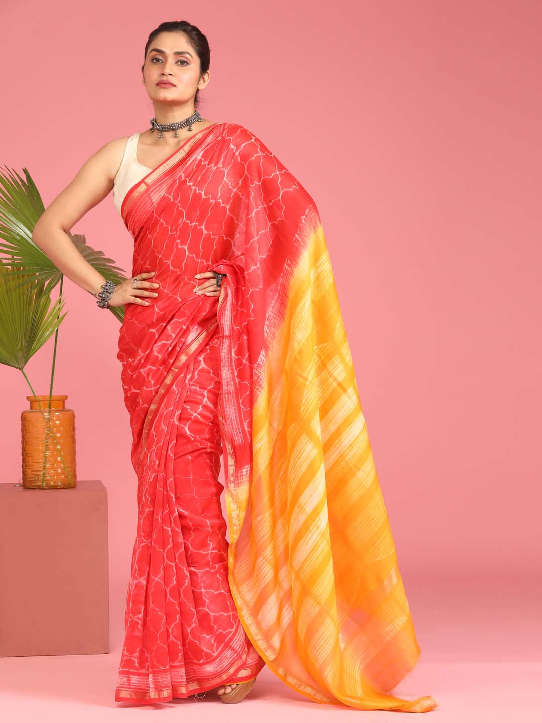 Indethnic Shibori Silk Cotton Saree in Red - View 1