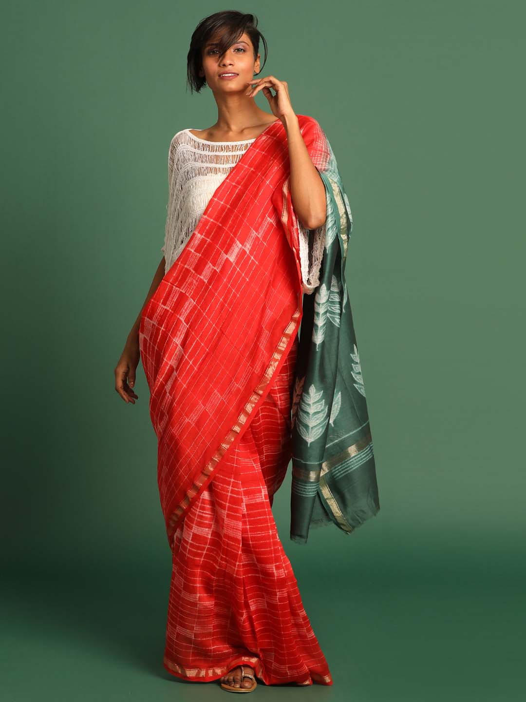 Indethnic Shibori Silk Cotton Saree in Red - View 1