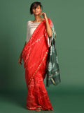 Indethnic Shibori Silk Cotton Saree in Red - View 1