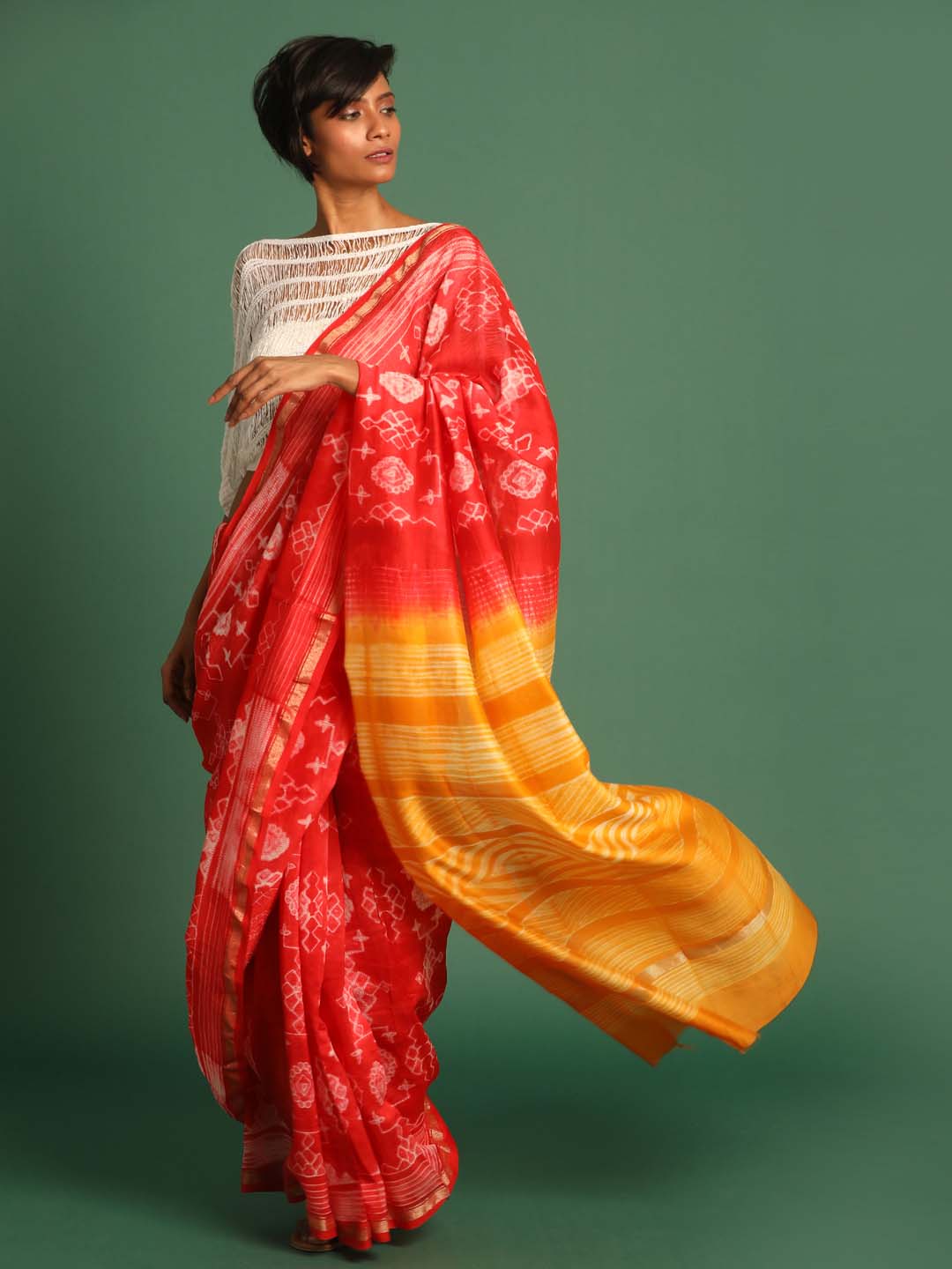 Indethnic Shibori Silk Cotton Saree in Red - View 1