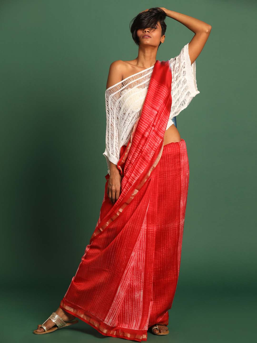 Indethnic Shibori Silk Cotton Saree in Red - View 1