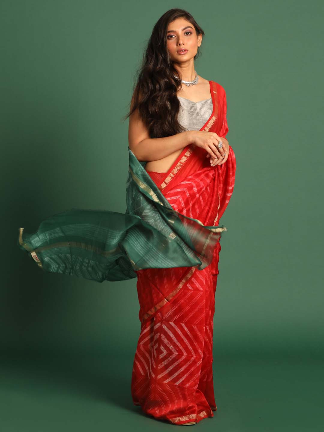 Indethnic Shibori Silk Cotton Saree in Red - View 1