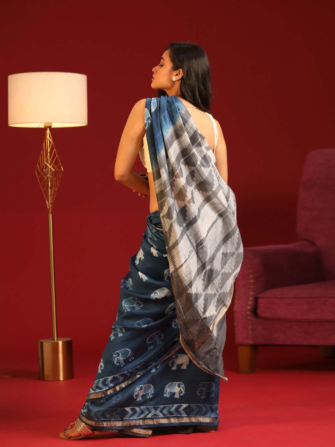 Indethnic Shibori Silk Cotton Saree in Blue - View 3