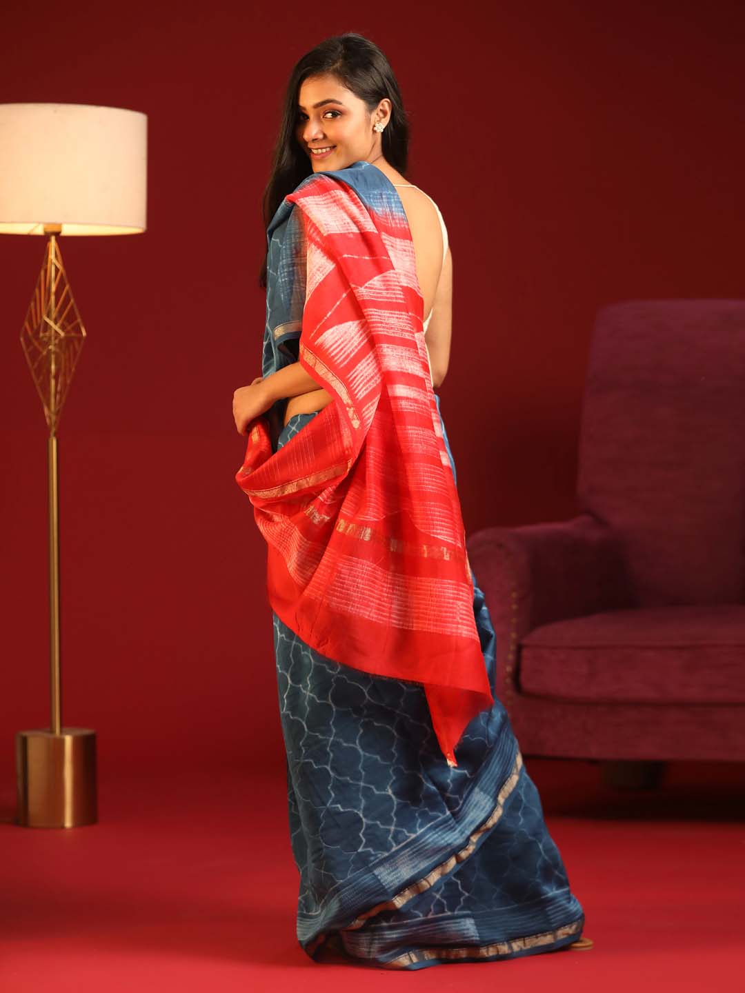 Indethnic Shibori Silk Cotton Saree in Blue - View 3