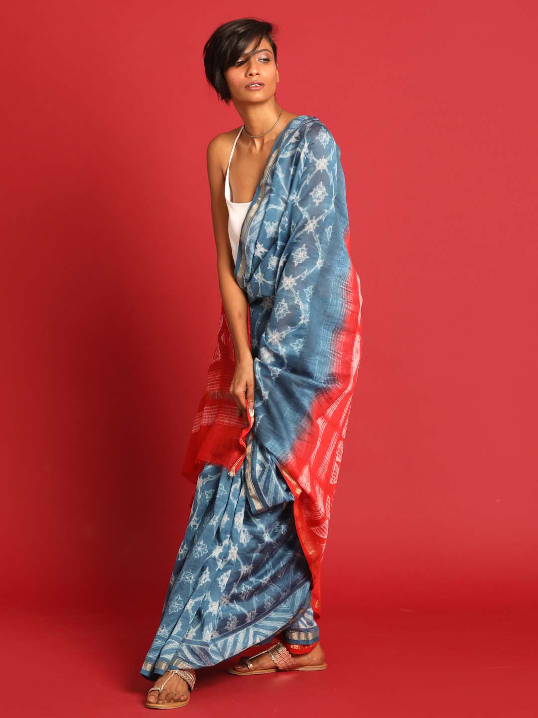 Indethnic Shibori Silk Cotton Saree in Blue - View 1