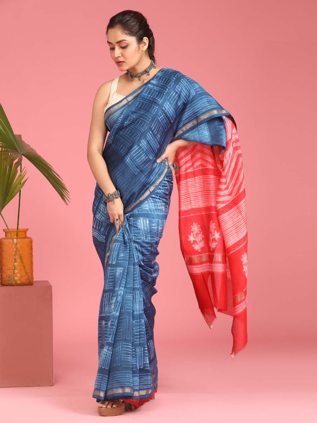 Indethnic Shibori Silk Cotton Saree in Blue - View 1