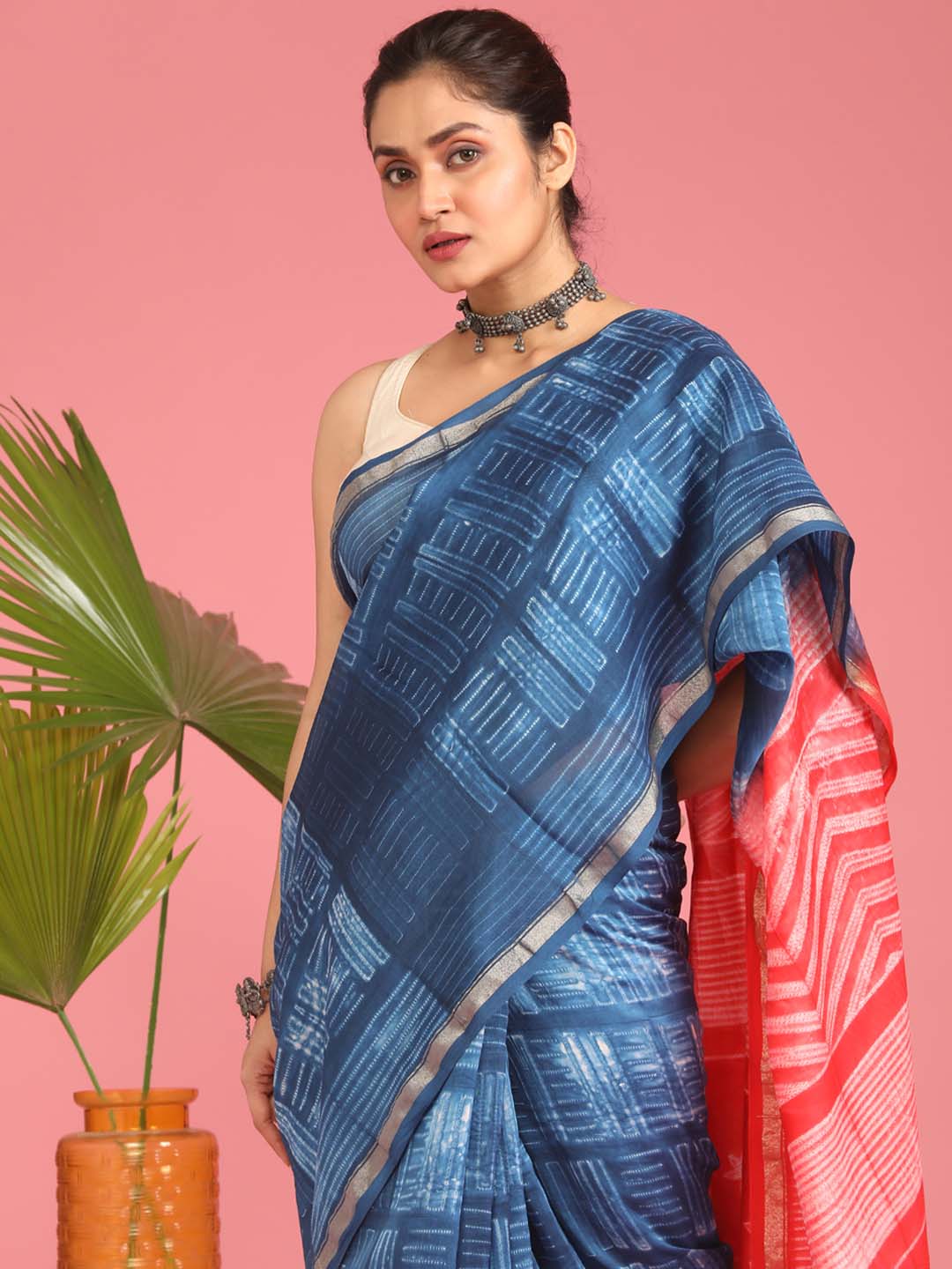 Indethnic Shibori Silk Cotton Saree in Blue - View 2