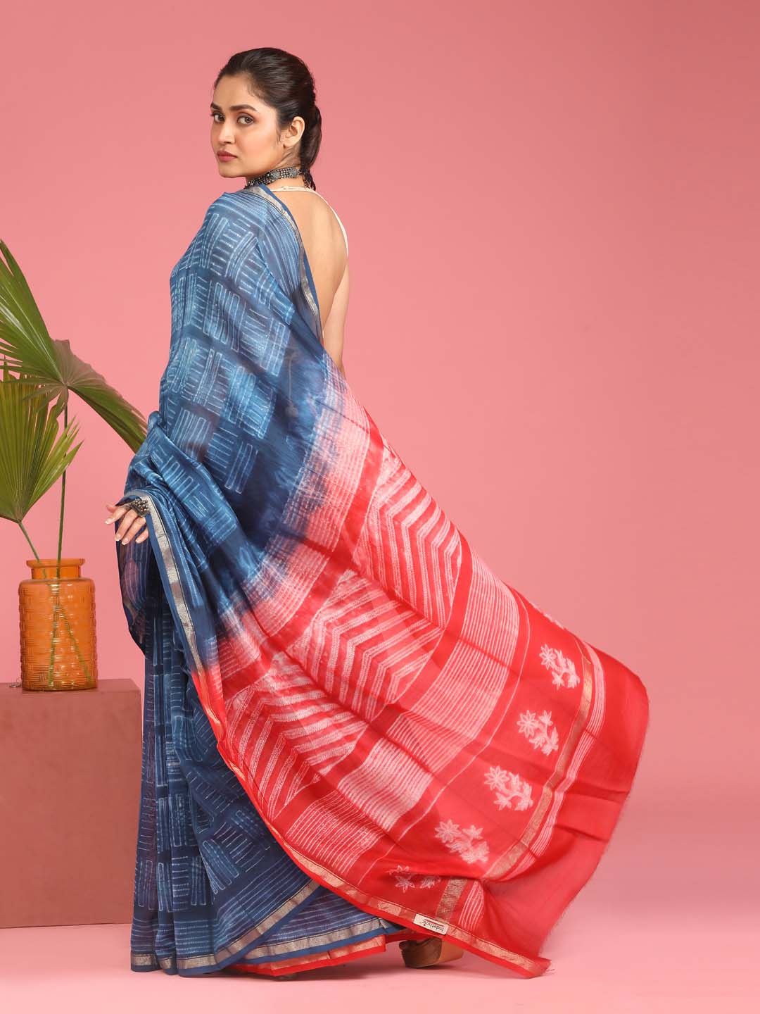 Indethnic Shibori Silk Cotton Saree in Blue - View 3