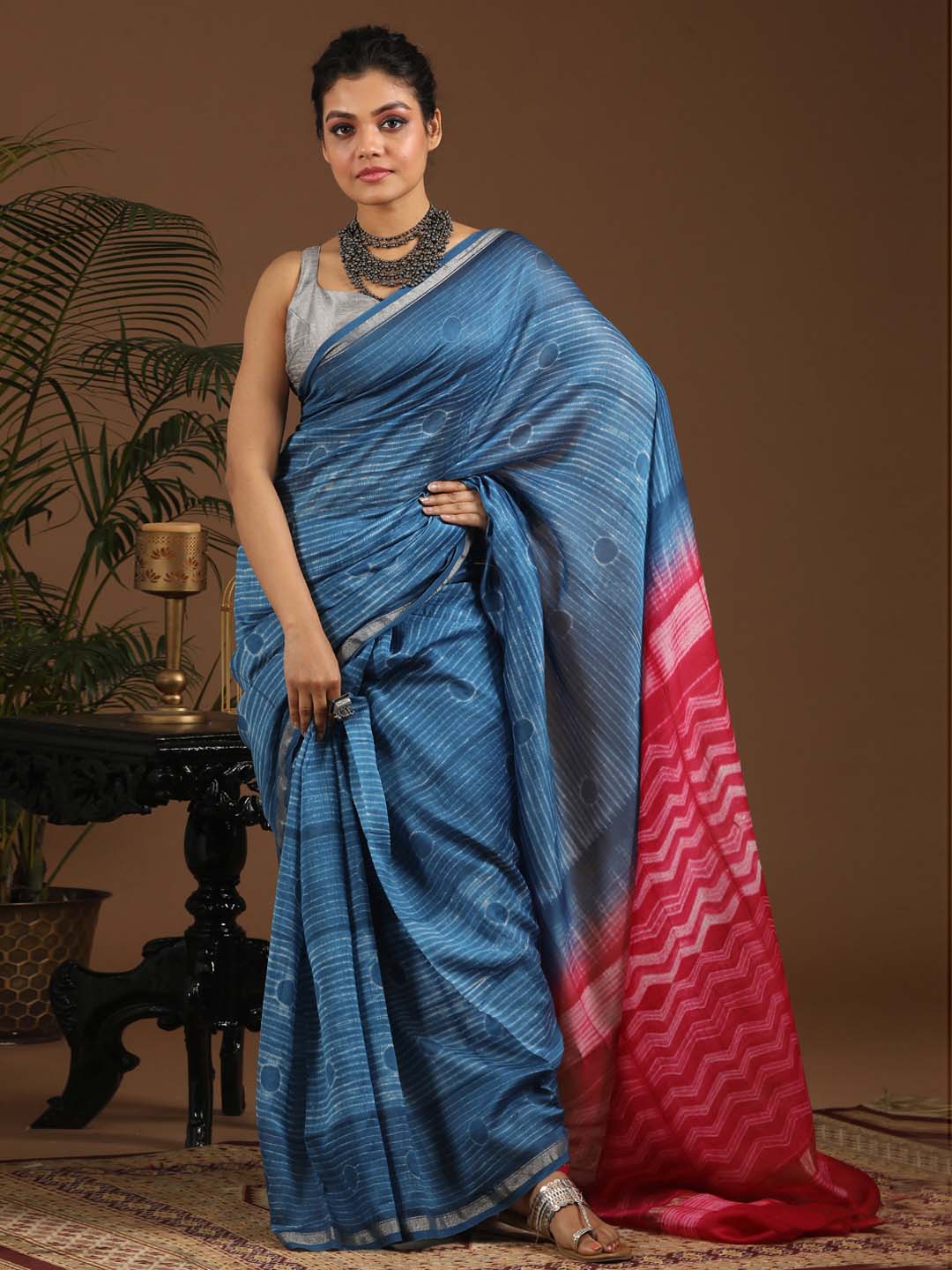 Indethnic Shibori Silk Cotton Saree in Blue - View 1