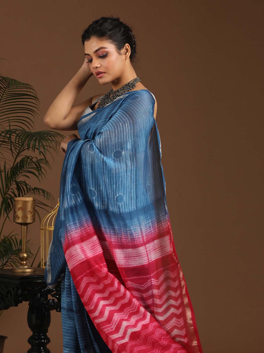 Indethnic Shibori Silk Cotton Saree in Blue - View 2