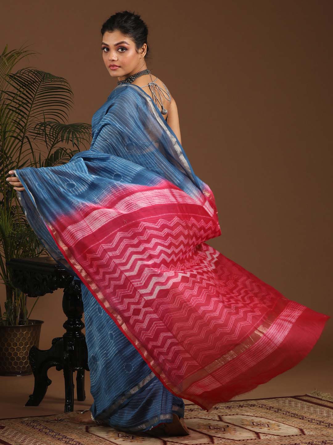 Indethnic Shibori Silk Cotton Saree in Blue - View 3