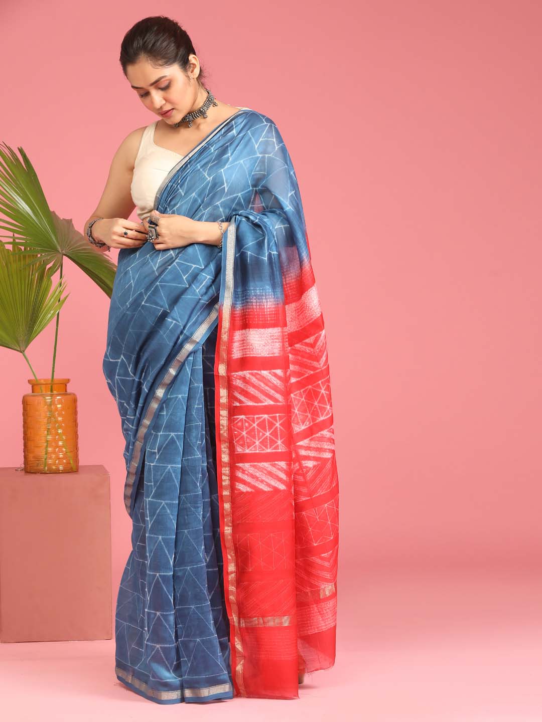 Indethnic Shibori Silk Cotton Saree in Blue - View 1