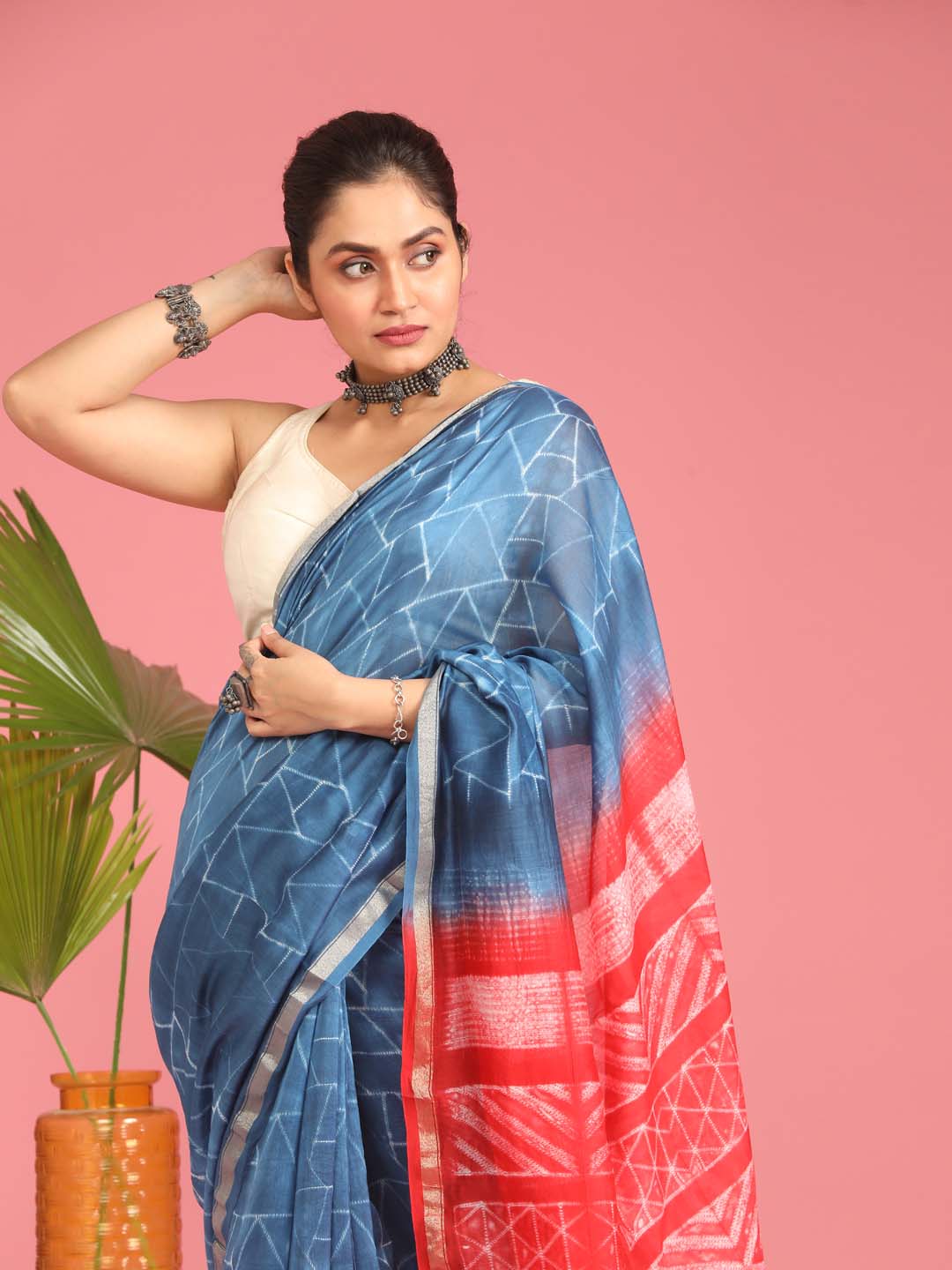 Indethnic Shibori Silk Cotton Saree in Blue - View 2