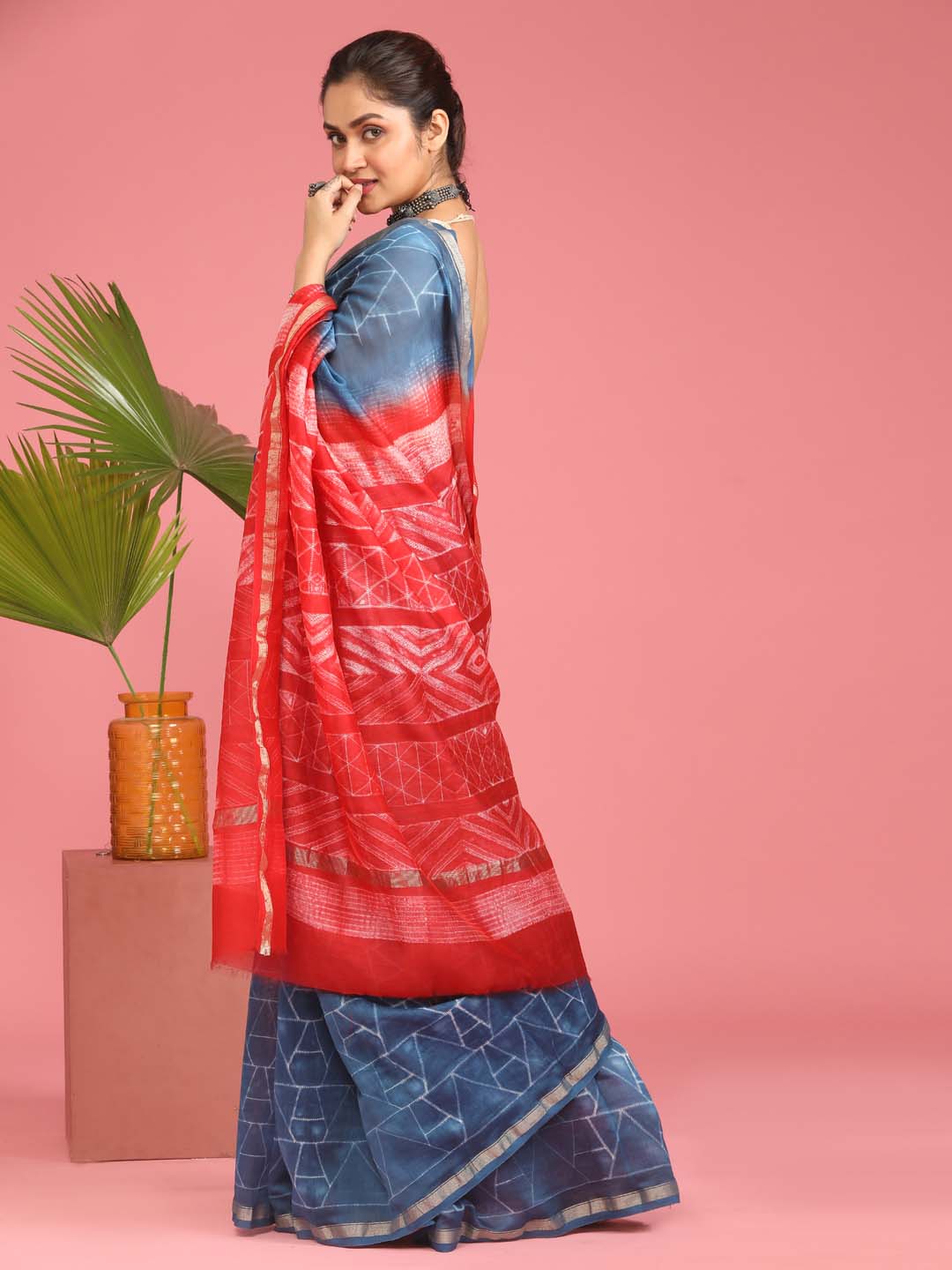 Indethnic Shibori Silk Cotton Saree in Blue - View 3