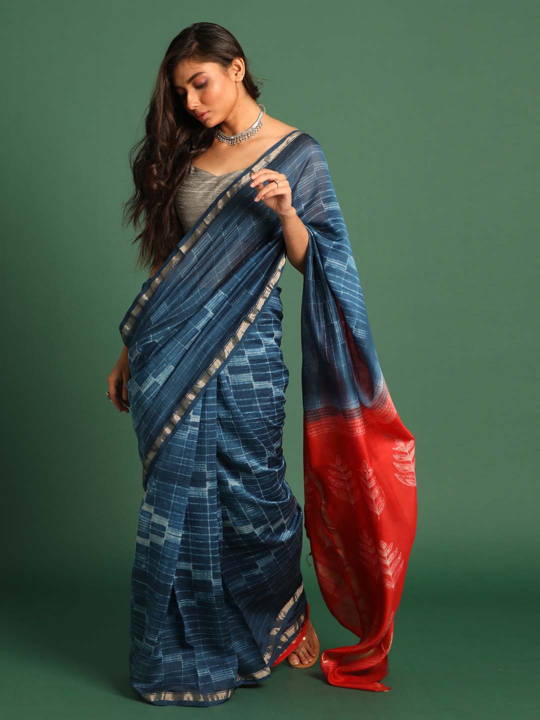 Indethnic Shibori Silk Cotton Saree in Blue - View 1