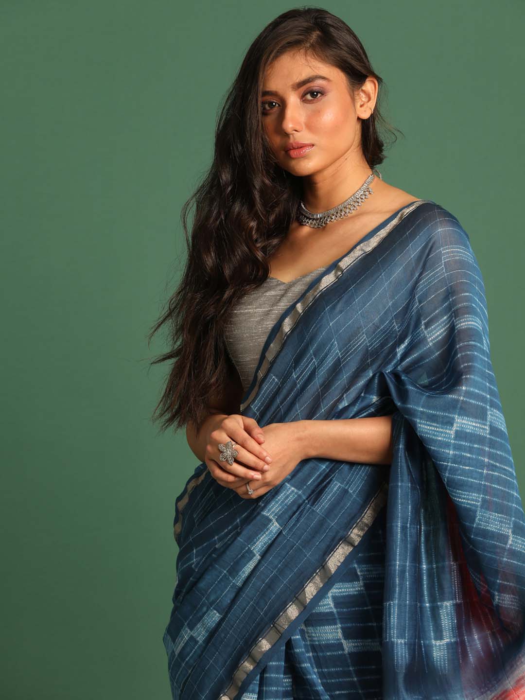 Indethnic Shibori Silk Cotton Saree in Blue - View 2