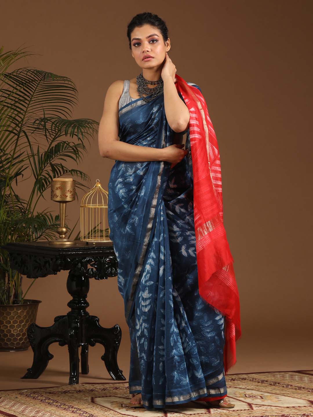 Indethnic Shibori Silk Cotton Saree in Blue - View 1