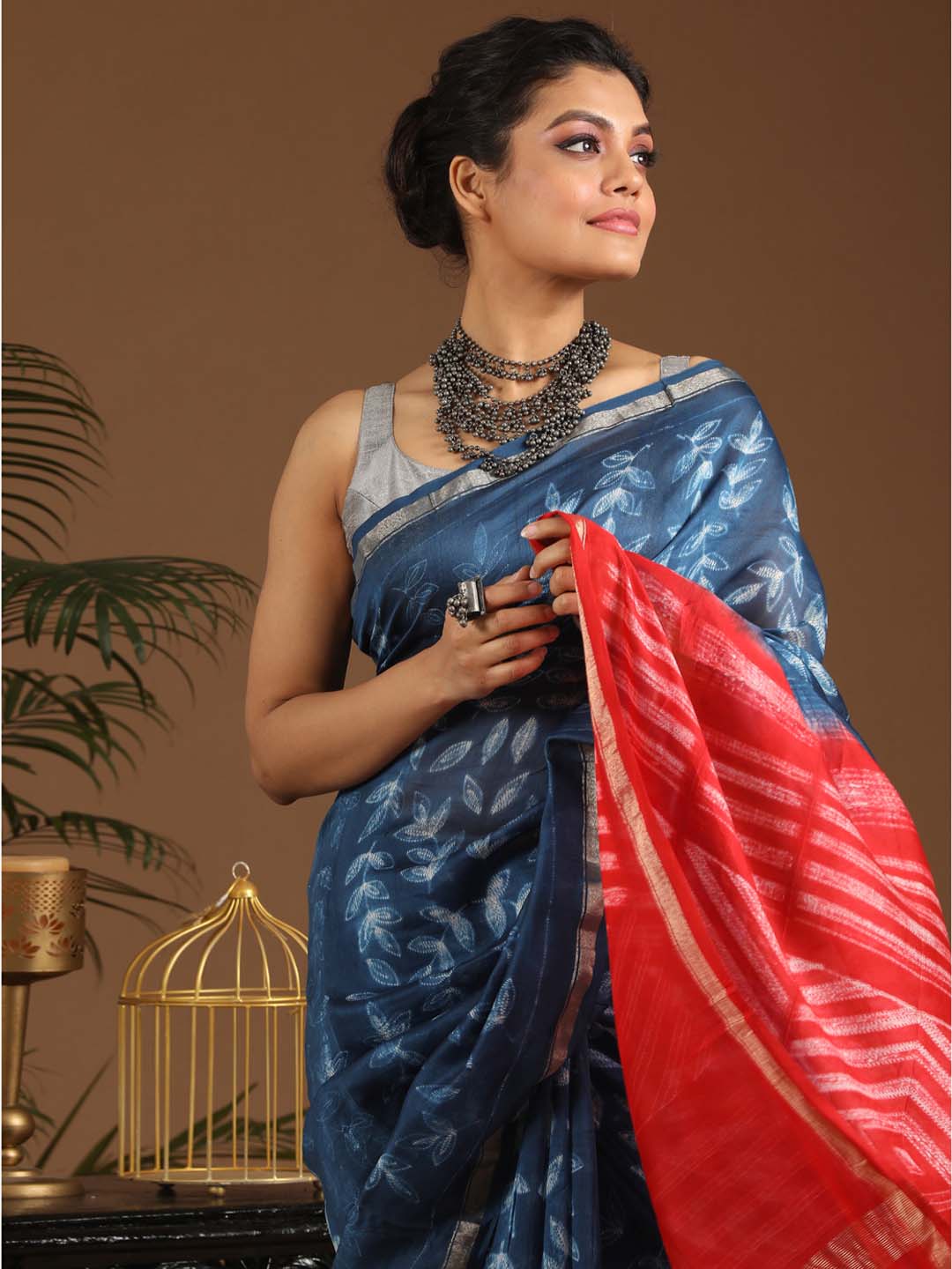 Indethnic Shibori Silk Cotton Saree in Blue - View 2