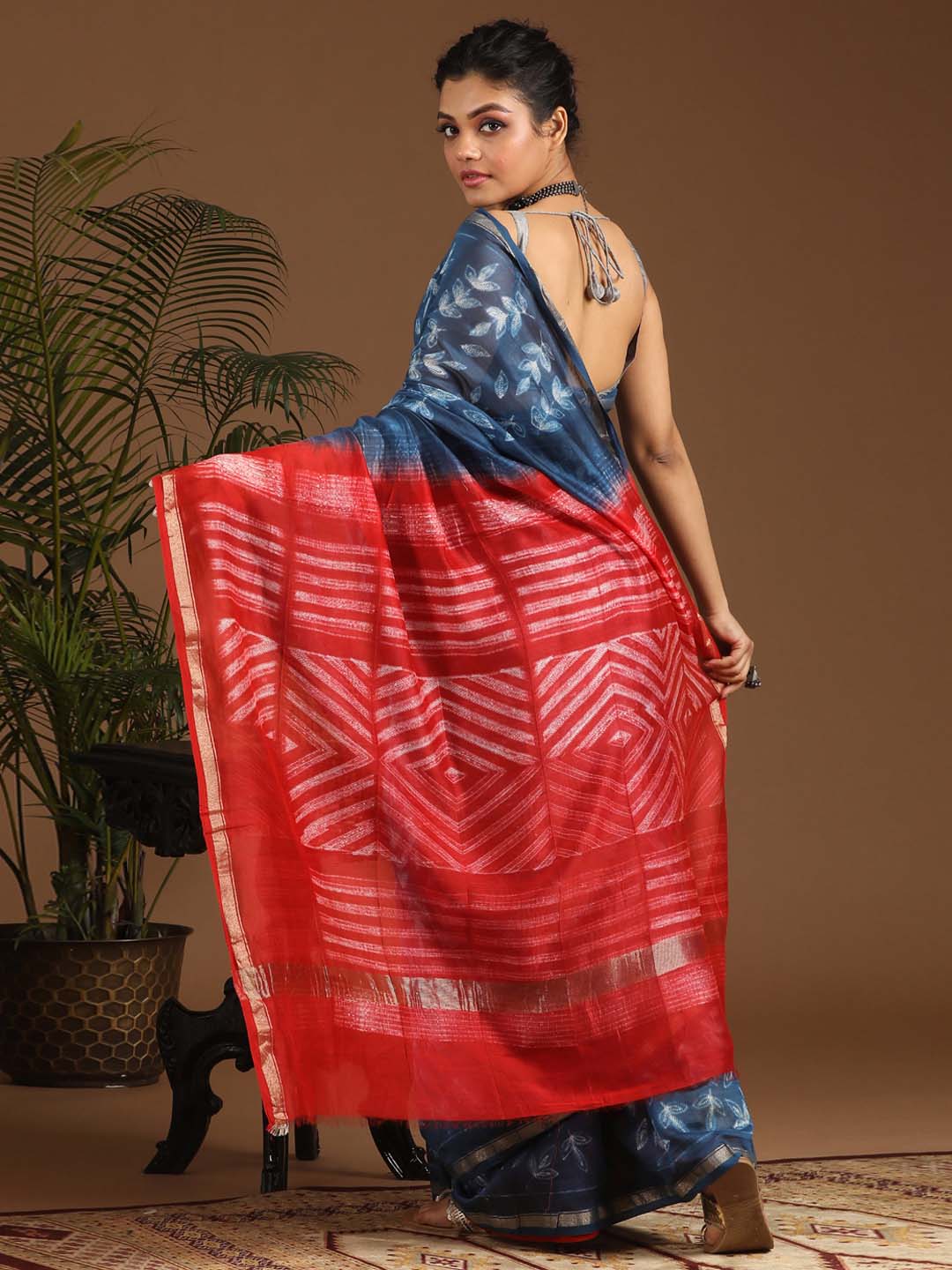 Indethnic Shibori Silk Cotton Saree in Blue - View 3