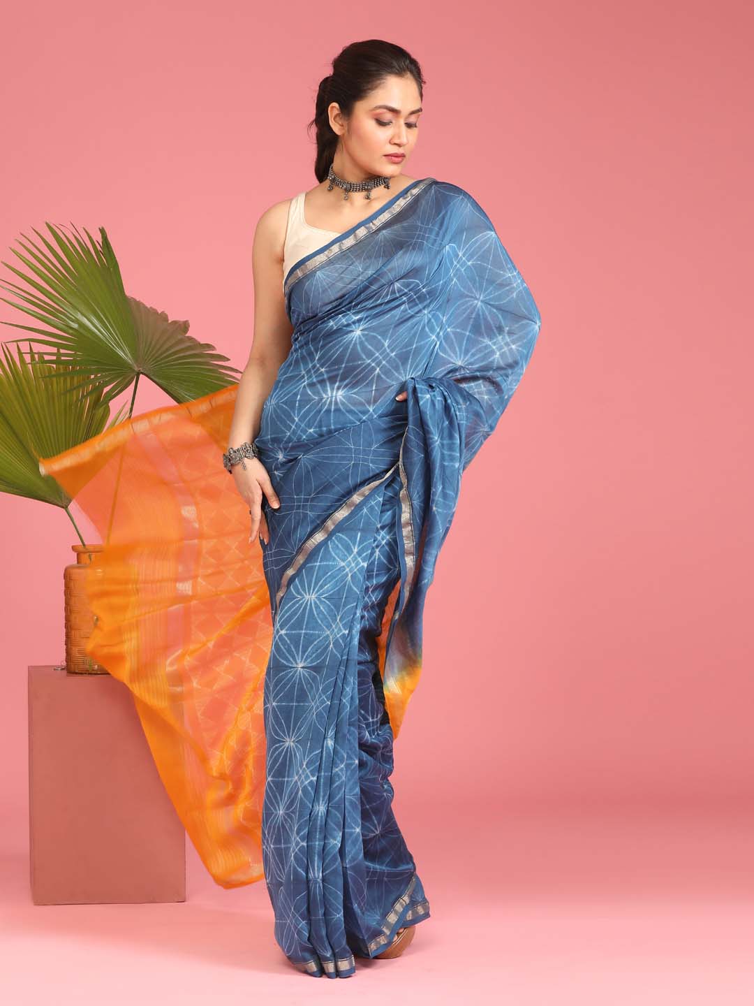 Indethnic Shibori Silk Cotton Saree in Blue - View 1