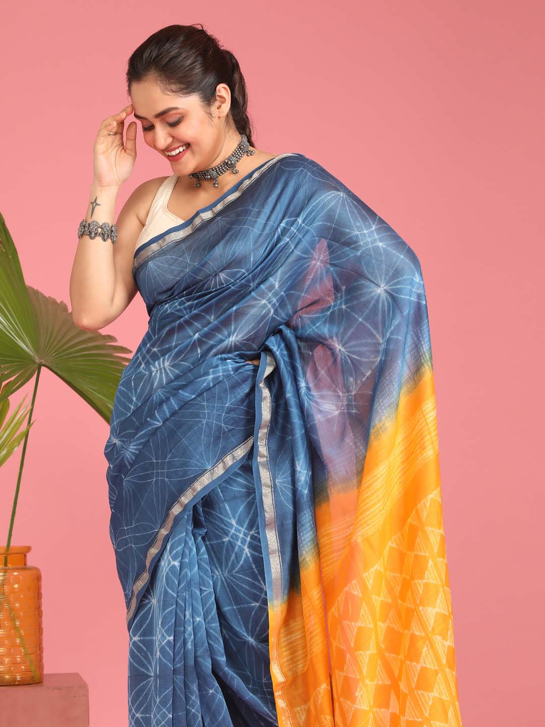 Indethnic Shibori Silk Cotton Saree in Blue - View 2