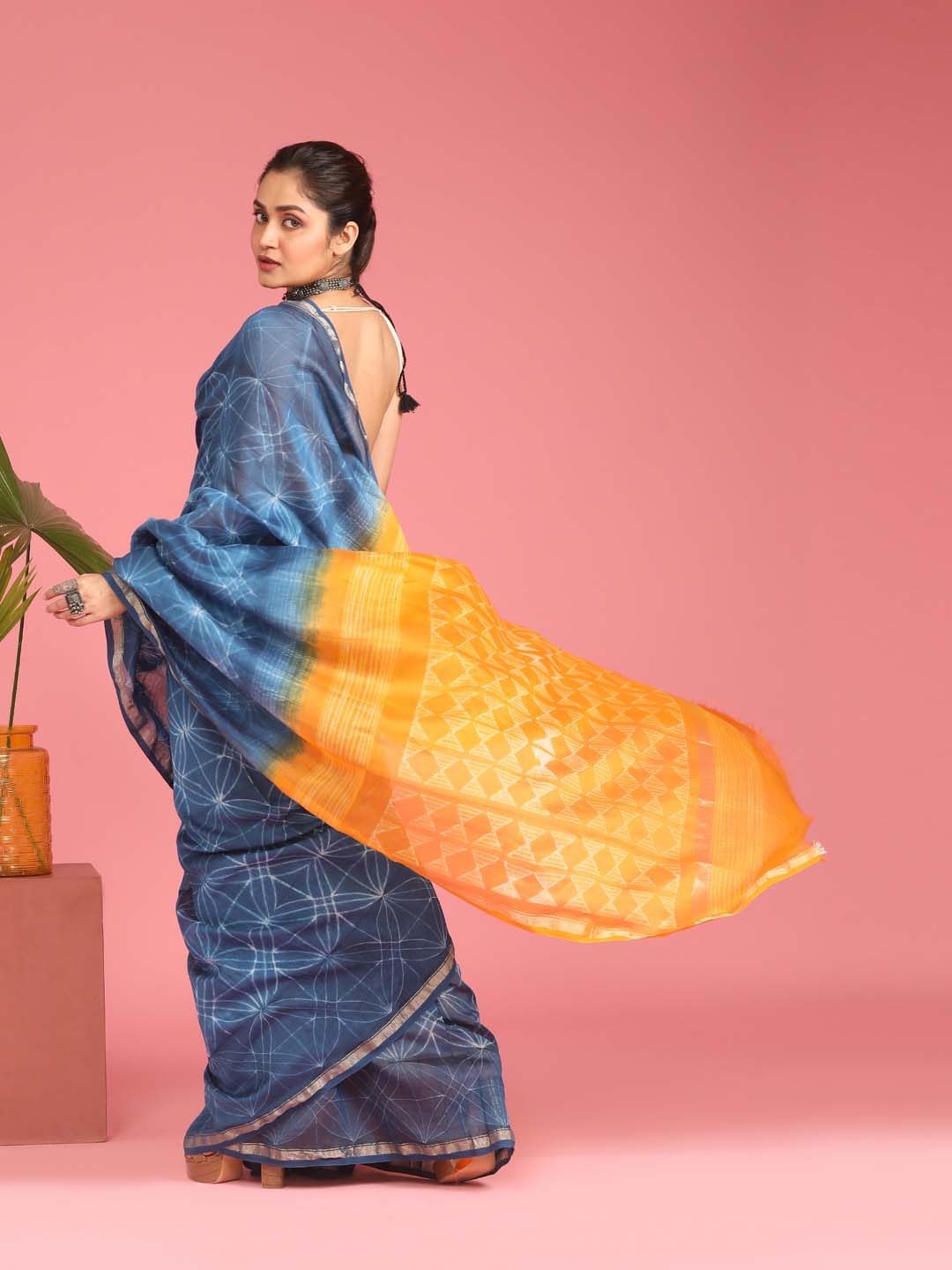 Indethnic Shibori Silk Cotton Saree in Blue - View 3