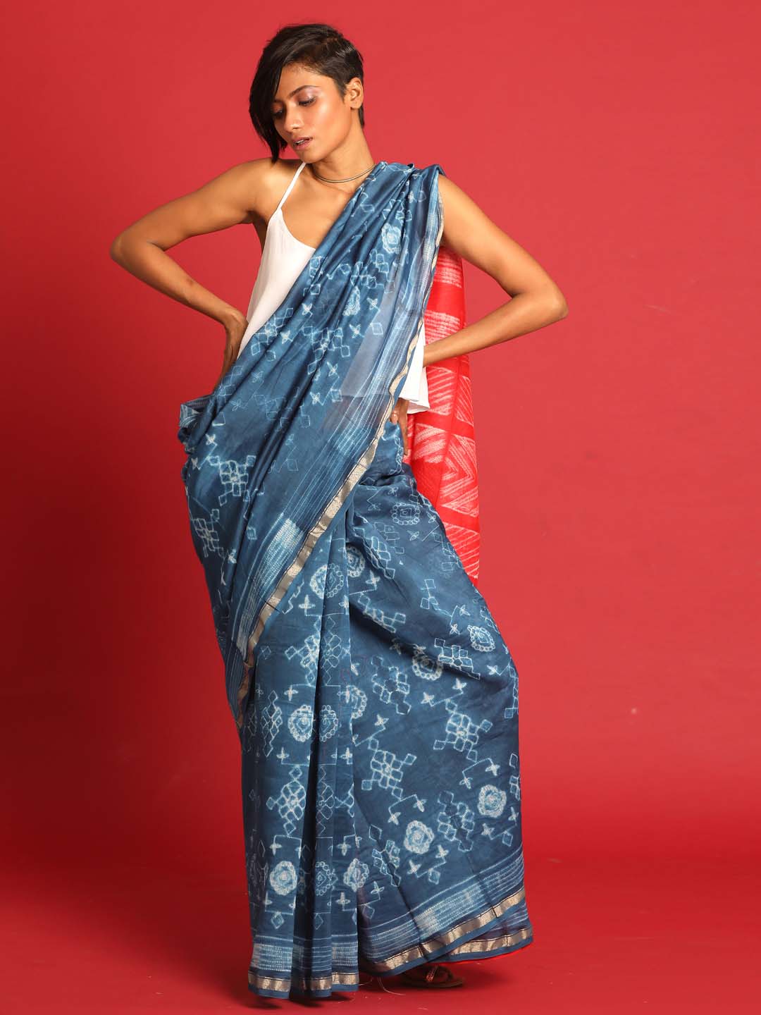 Indethnic Shibori Silk Cotton Saree in Blue - View 1