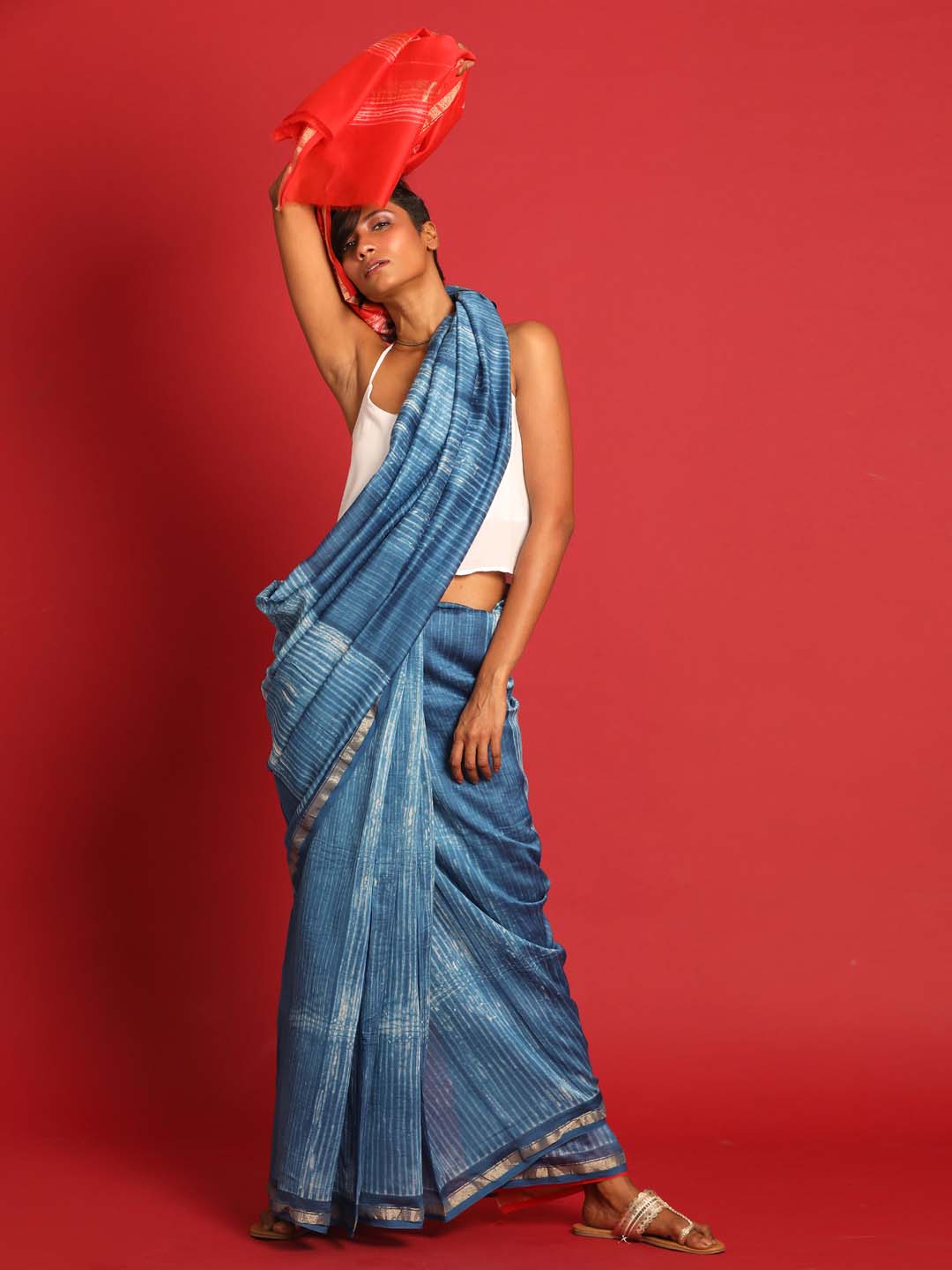 Indethnic Shibori Silk Cotton Saree in Blue - View 1