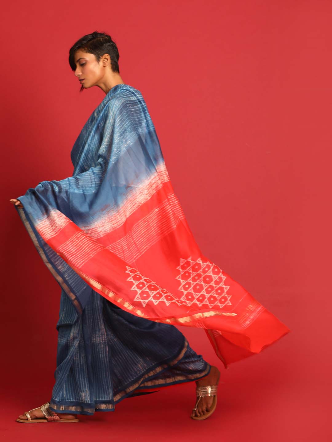 Indethnic Shibori Silk Cotton Saree in Blue - View 1