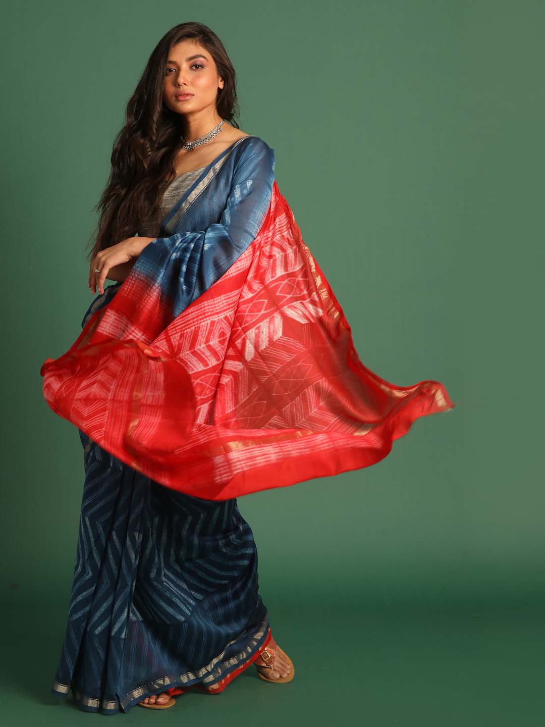 Indethnic Shibori Silk Cotton Saree in Blue - View 1