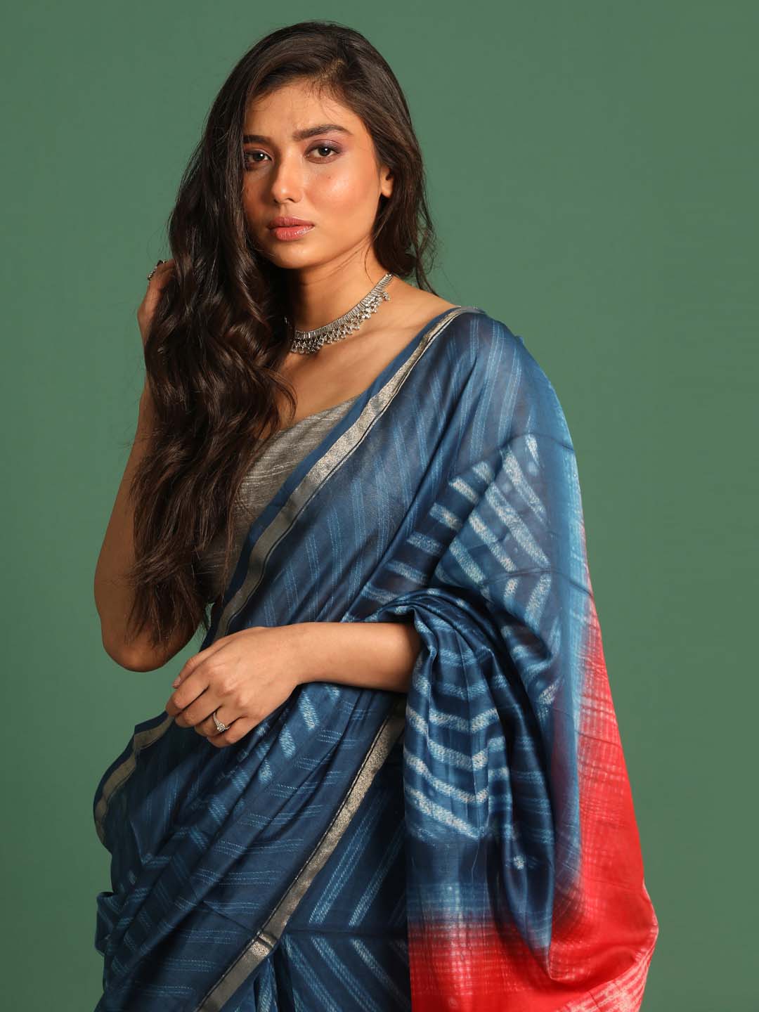 Indethnic Shibori Silk Cotton Saree in Blue - View 2