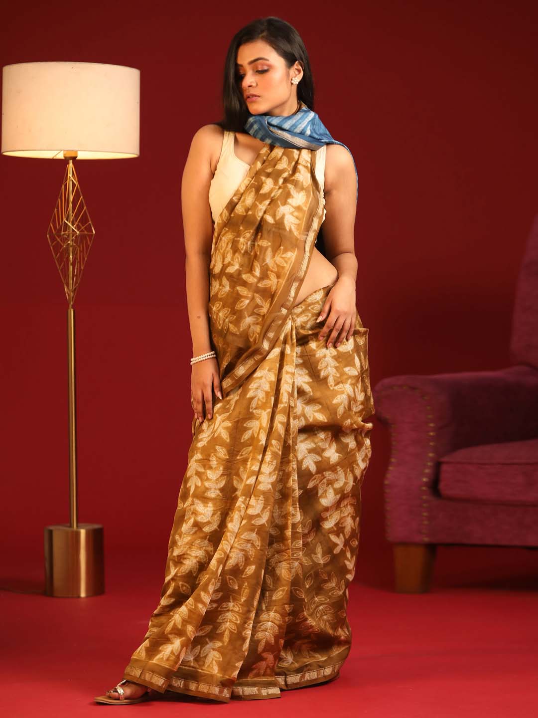 Indethnic Shibori Silk Cotton Saree in Gold - View 1