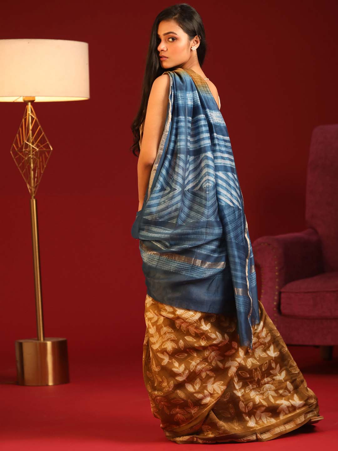 Indethnic Shibori Silk Cotton Saree in Gold - View 3