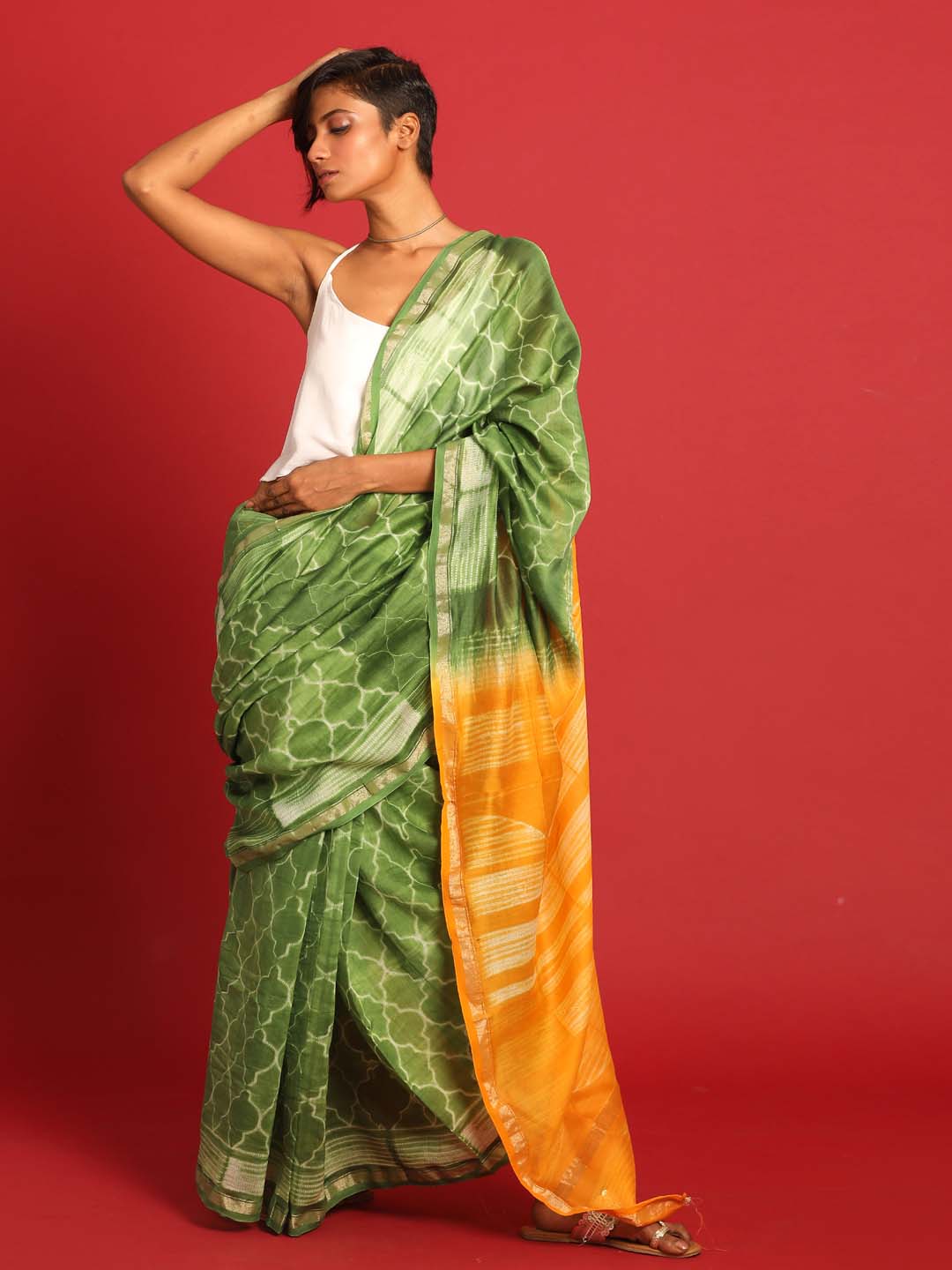 Indethnic Shibori Silk Cotton Saree in Green - View 1