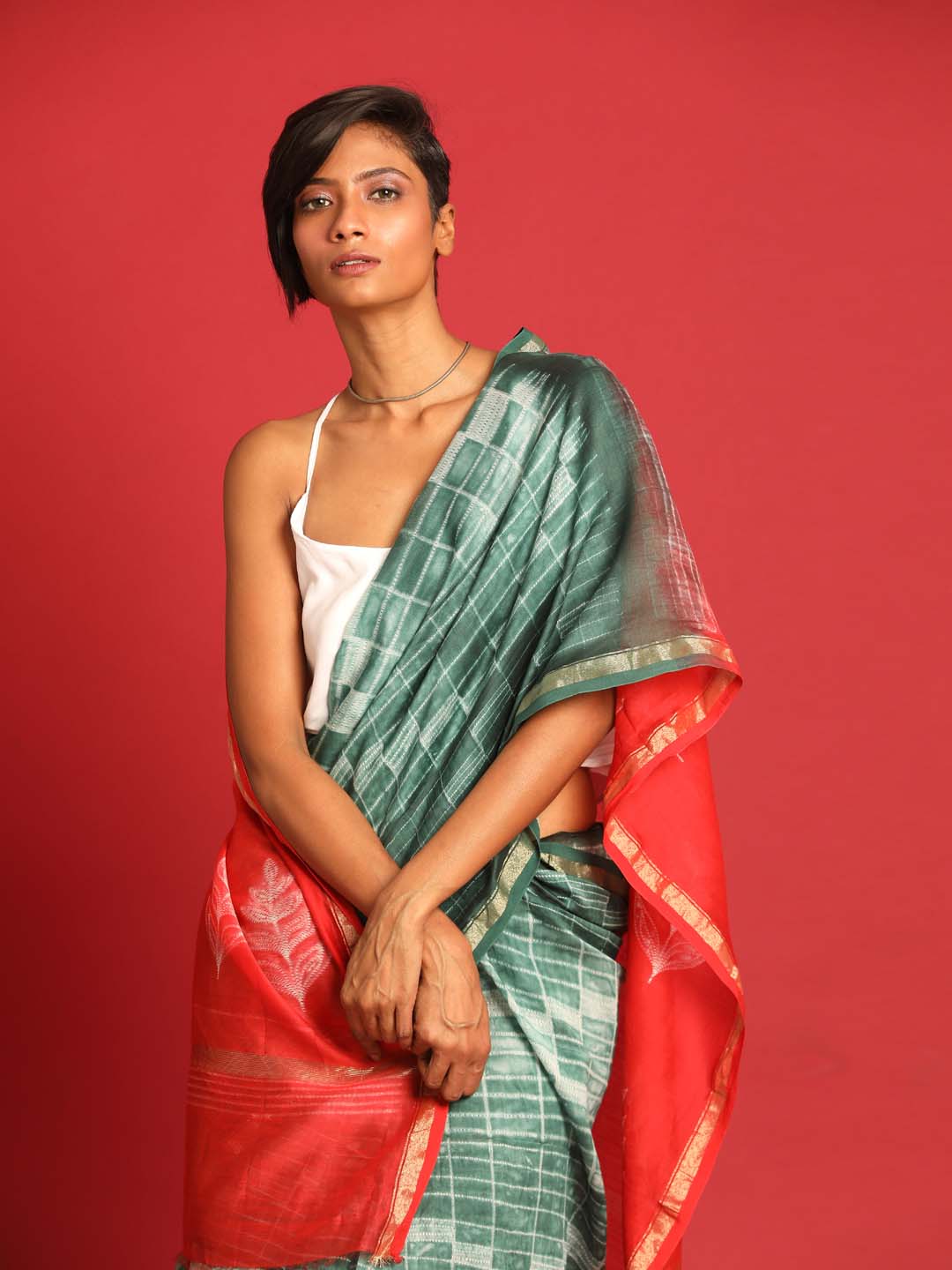 Indethnic Shibori Silk Cotton Saree in Green - View 1