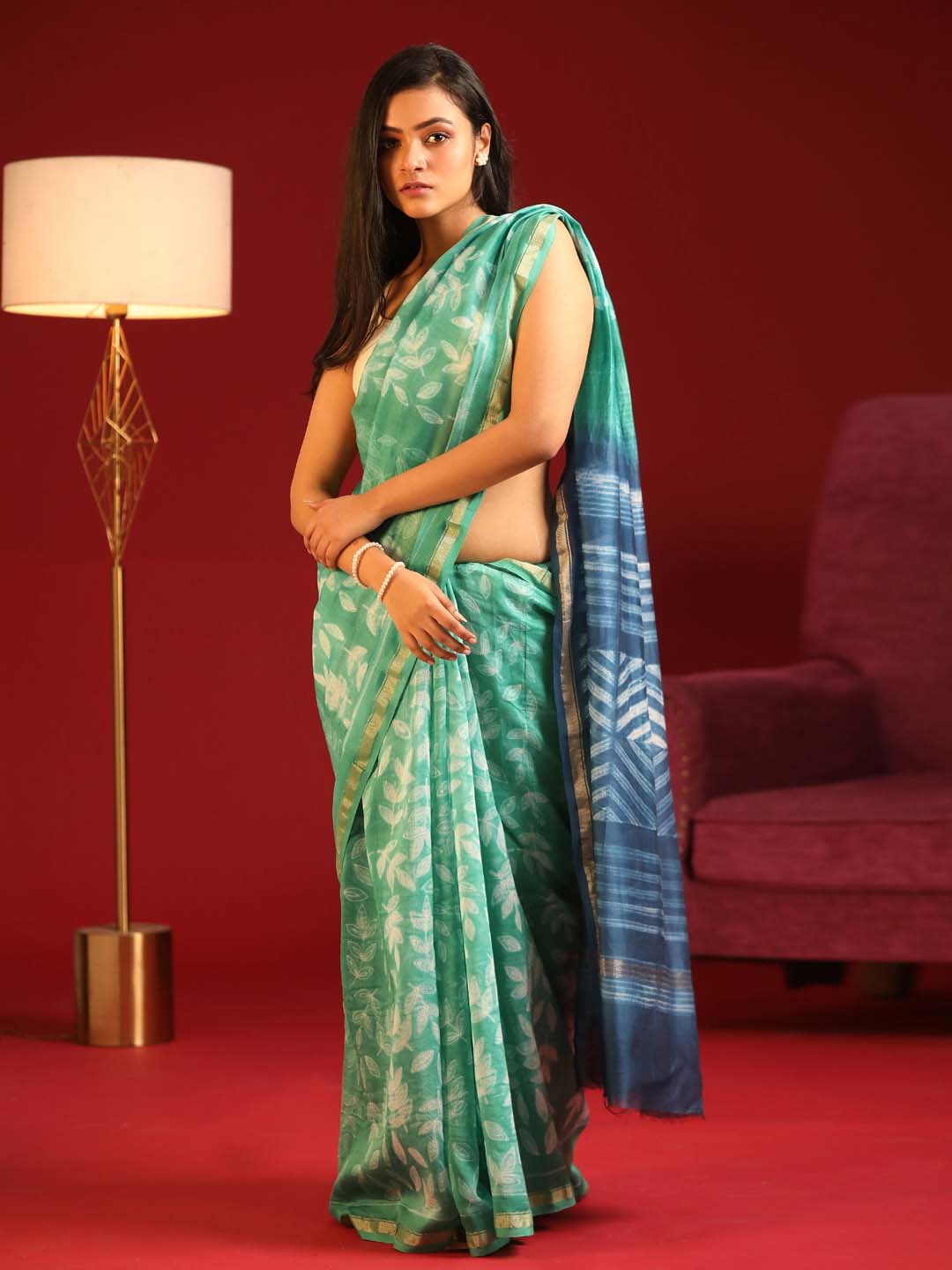 Indethnic Shibori Silk Cotton Saree in Green - View 1