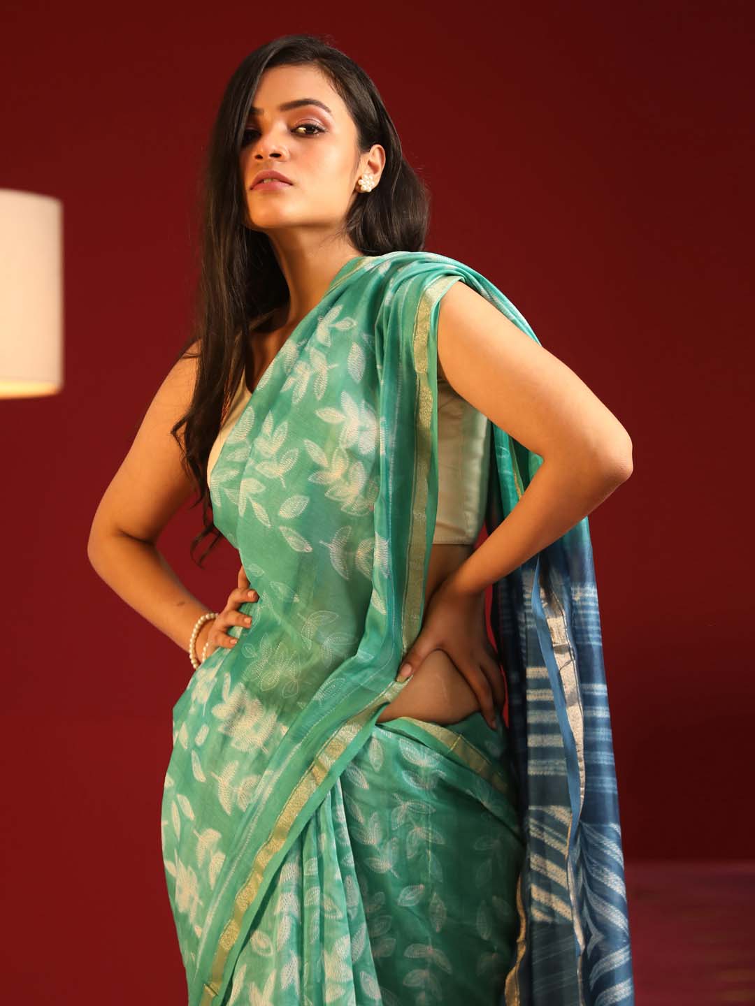 Indethnic Shibori Silk Cotton Saree in Green - View 2