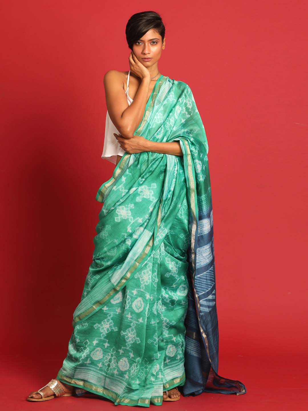 Indethnic Shibori Silk Cotton Saree in Green - View 1