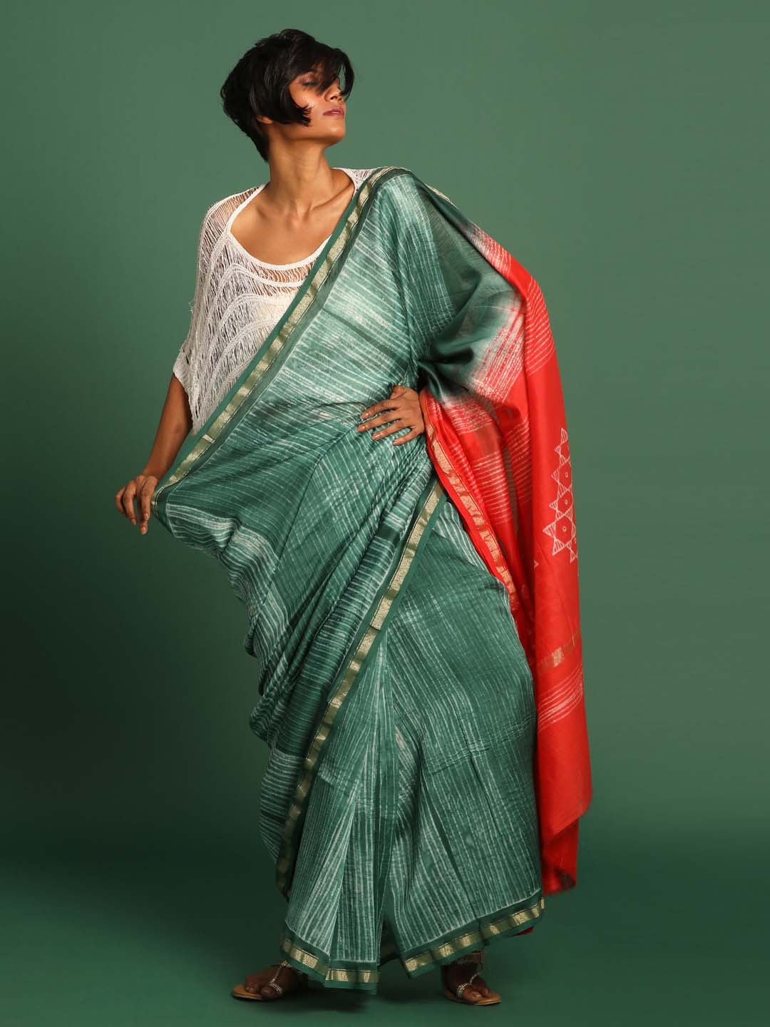 Indethnic Shibori Silk Cotton Saree in Green - View 1