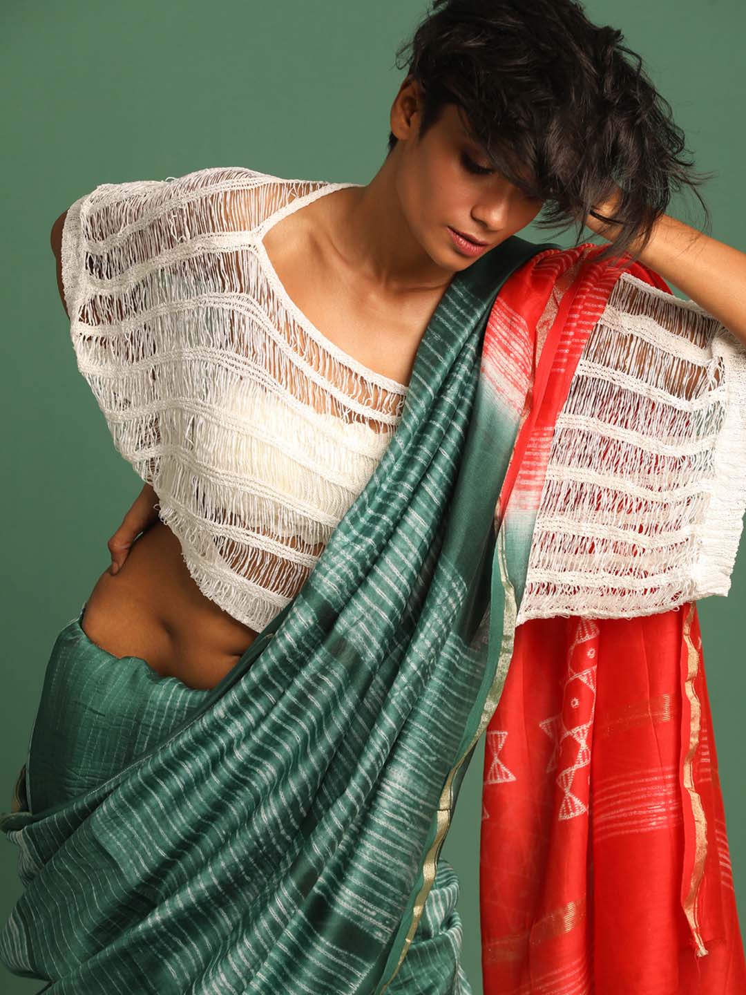 Indethnic Shibori Silk Cotton Saree in Green - View 2