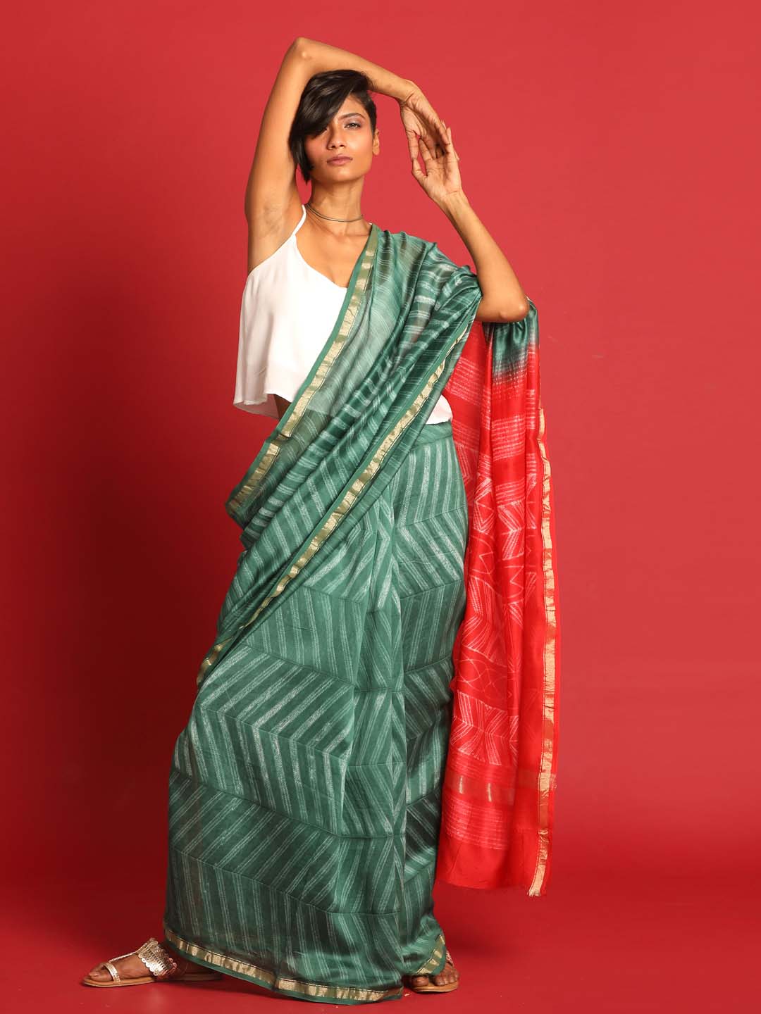 Indethnic Shibori Silk Cotton Saree in Green - View 1