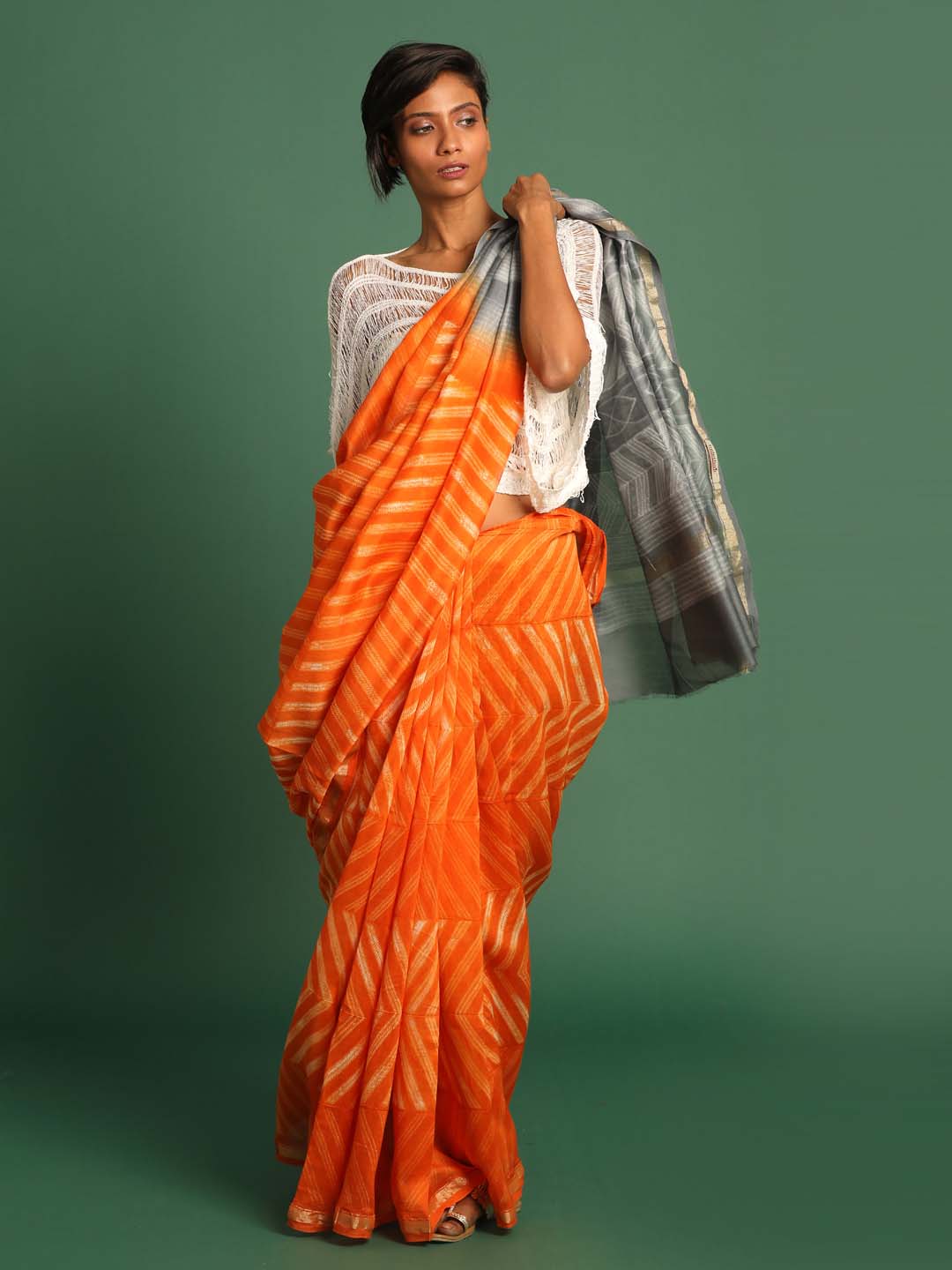 Indethnic Shibori Silk Cotton Saree in Orange - View 1